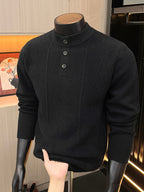 Spring And Autumn Men'S Half-Button Henley Collar Knit Sweater 3D Jacquard Texture Warm Easy And Atmospheric Middle-Aged Men'S Commuter Pullover - Black