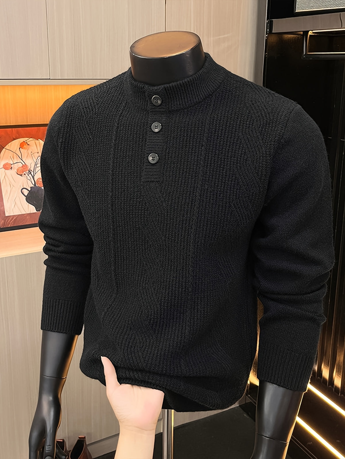 Spring And Autumn Men'S Half-Button Henley Collar Knit Sweater 3D Jacquard Texture Warm Easy And Atmospheric Middle-Aged Men'S Commuter Pullover - Black