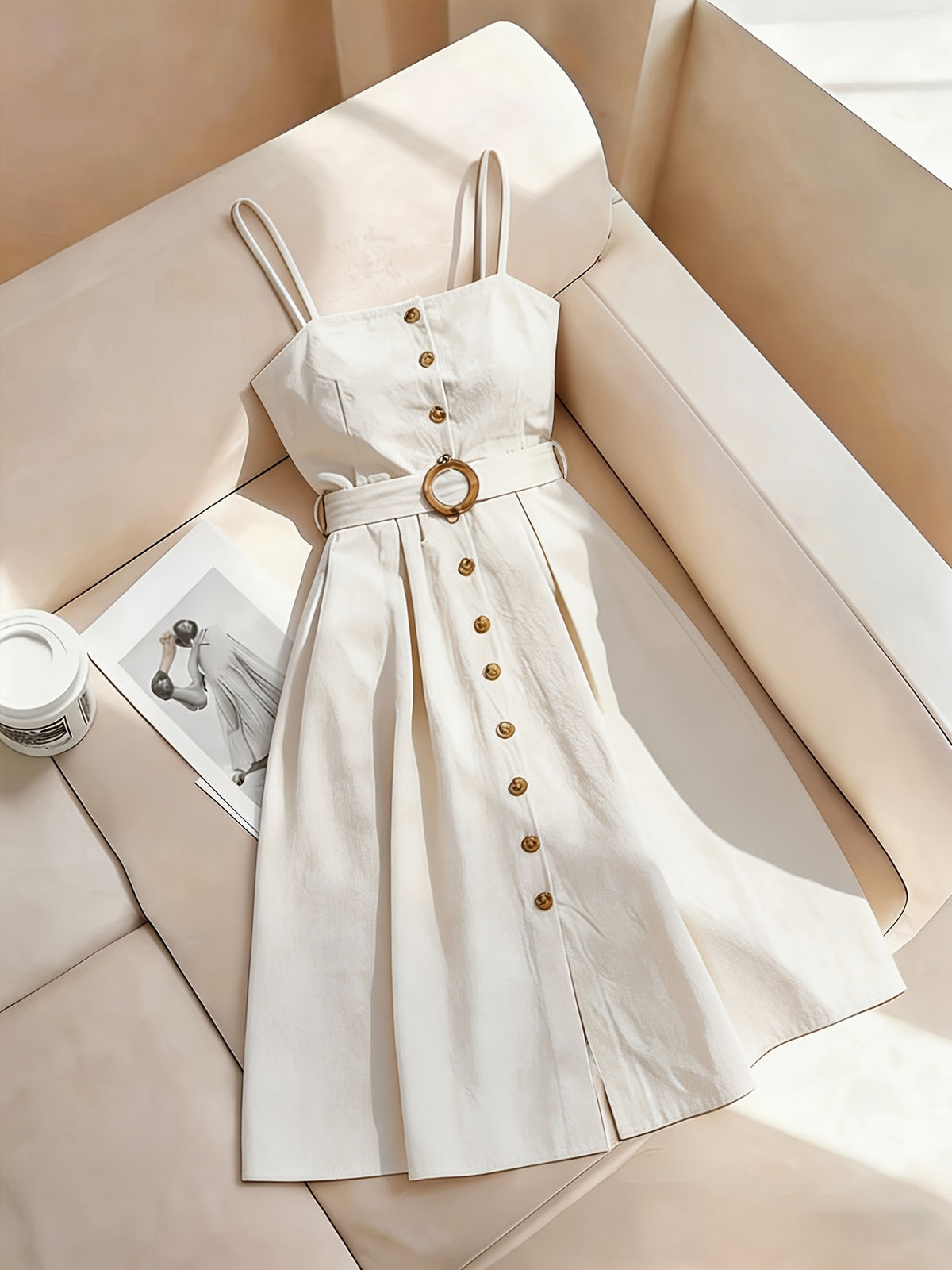 A Stylish And Elegant Sleeveless Dress with Easy Button Decorations, Perfect for Daily Commutes And Dates, Featuring a Mid-Length Design And a Belt - Apricot
