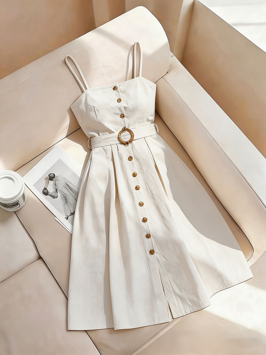 A Stylish And Elegant Sleeveless Dress with Easy Button Decorations, Perfect for Daily Commutes And Dates, Featuring a Mid-Length Design And a Belt - Apricot