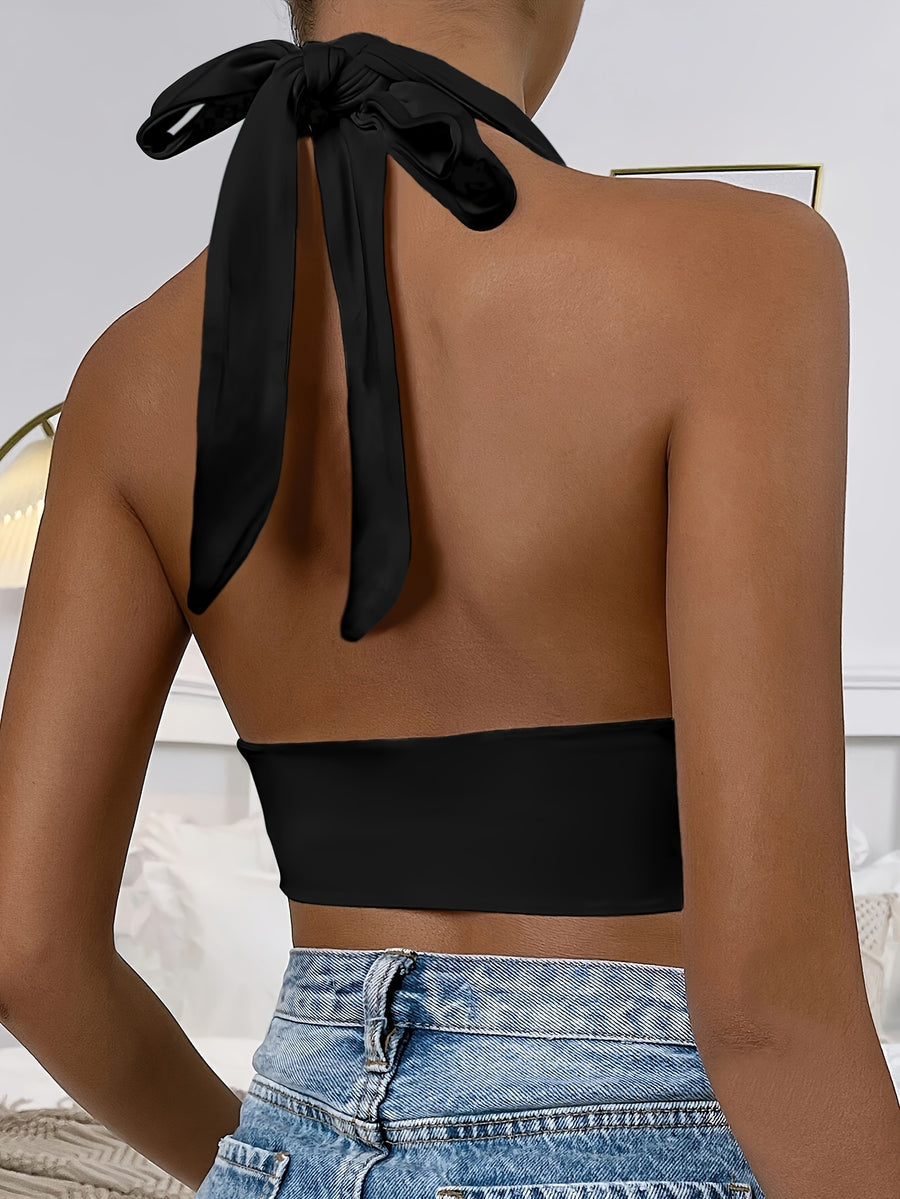 Women's Adjustable Halter Neck Tank Top - Lightweight Breathable Casual Beachwear, Solid Color, Machine Washable for Spring Summer Fall - Black