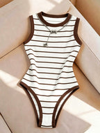 PLMM 3pcs Fresh Forest Style Sleeveless Bodysuit, Slim-Fit Stretchy Versatile Hot Round Neck Tank Top Bodysuit - Green+brown+white