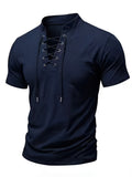 Summer Latest Men'S Individual Design Stand-Up Collar T-Shirt, Fashionable Western Style Trendy High Street Short Sleeve - Sea Blue