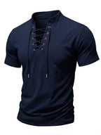 Summer Latest Men'S Individual Design Stand-Up Collar T-Shirt, Fashionable Western Style Trendy High Street Short Sleeve - Sea Blue