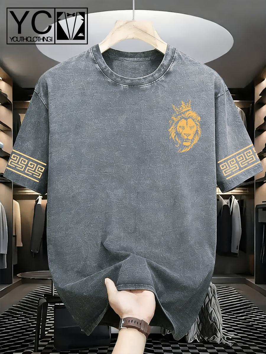 Men'S Short-Sleeve T-Shirt with Trendy Greek Key Pattern Print on Cuffs And Distressed Wash End; Machine-Washable, Loose-Fit Crewneck Top with Textured Washed Look - Light Grey