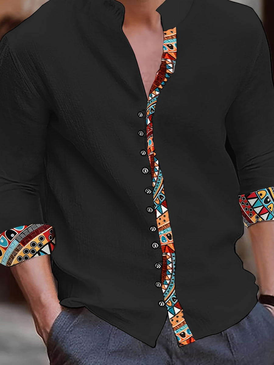 Men's Trendy Classic Solid Color Spliced Geometric Print Stand Collar Multi-Buckle Design Comfortable Breathable Material Casual Versatile Long Sleeve Shirt for Spring and Autumn - Deep Black