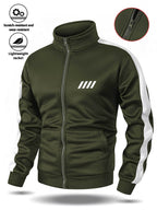 Easy Men'S Stand-Collar Sports Cardigan, Two-Tone Contrast Striped Stiff Jacket with Minimalist Chest Line Print, Suitable for Outdoor Camping Hiking Fitness Daily Commute Long-Sleeve Jacket - Military green1
