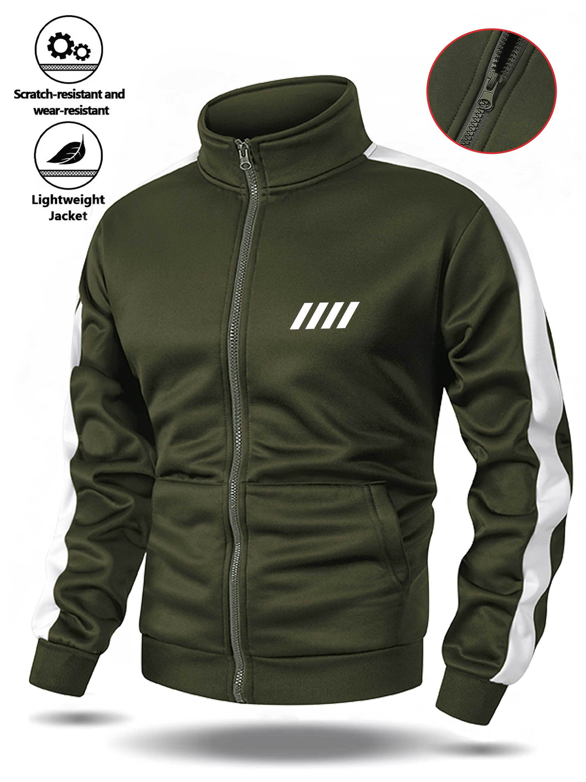 Easy Men'S Stand-Collar Sports Cardigan, Two-Tone Contrast Striped Stiff Jacket with Minimalist Chest Line Print, Suitable for Outdoor Camping Hiking Fitness Daily Commute Long-Sleeve Jacket - Military green1