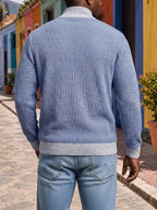 ROYALBOY Men's Striped Half-Zip Stand Collar Long Sleeve Pullover with Zippered Pocket, Contrast Cuffs and Hem - Vibrant Blue