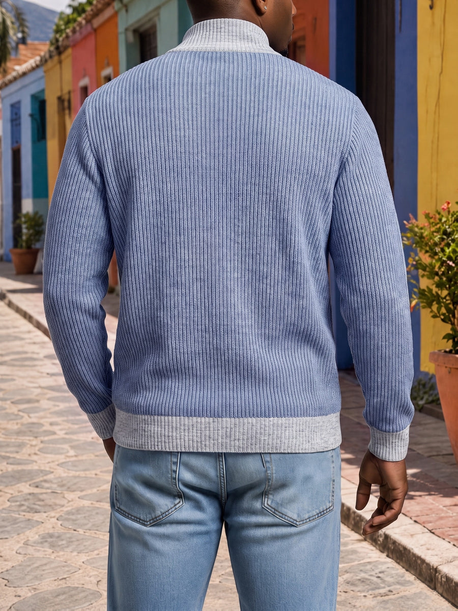ROYALBOY Men's Striped Half-Zip Stand Collar Long Sleeve Pullover with Zippered Pocket, Contrast Cuffs and Hem - Vibrant Blue
