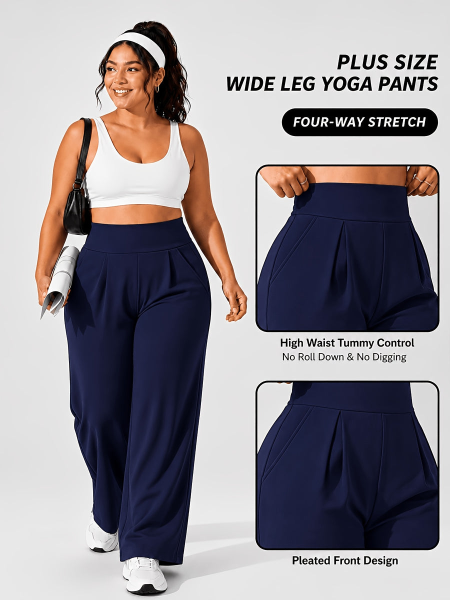 Plus Size Women'S High-Waist Wide-Leg for yoga Pants 0XL-4XL Tummy Control Non-Roll Non-Digging Front Pleated Deep Side Pockets Double-Sided Super Soft 4-Way Stretch Casual Sports Trousers for Yoga Gym Outdoor Work All Seasons - Navy Color