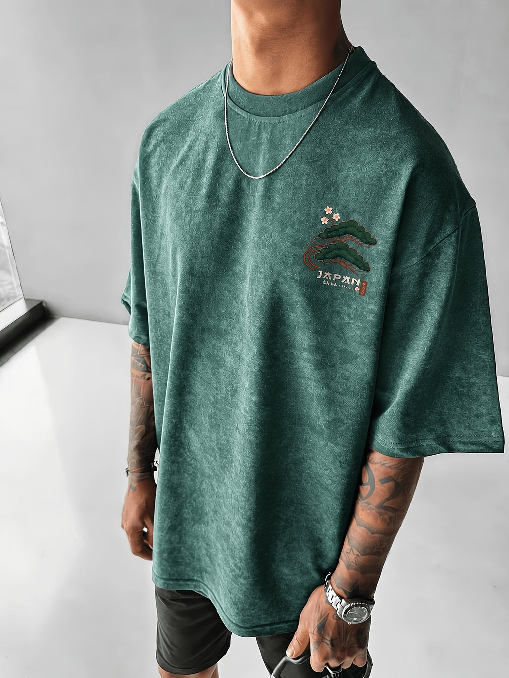 Printed Design - Not Textured: Tang Yunshu American Sporty Style Trendy Men's Japanese National Chic Printed Short Sleeve Shirt, Distressed Washed Finish + Exquisite Crane and Pine Tree Pattern, Crisp Wrinkle-Resistant and Wear-Resistant Fabric - Olive Green Color