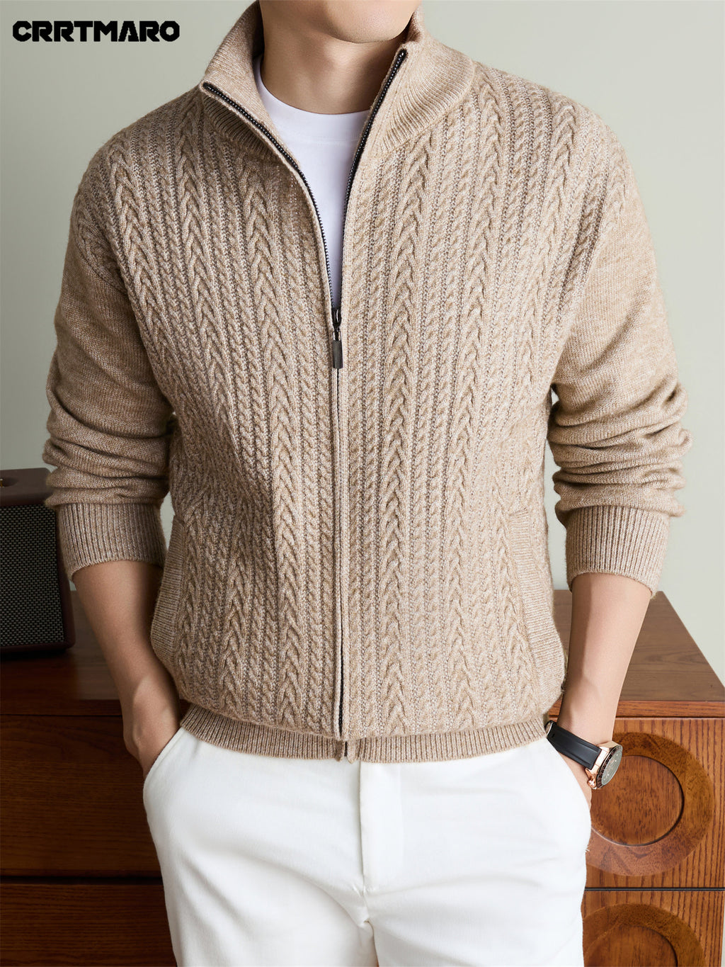 Men'S Heavyweight Thick Knit Cardigan, Warm Casual Layering Top for Fall And Winter - Clip Flower Coffee