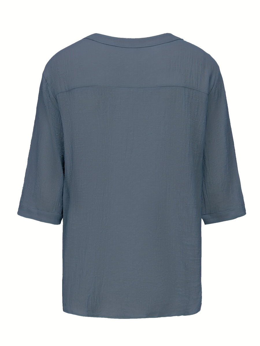 Men's Summer Casual V-Neck Breathable Short-Sleeve Fashion Drawstring Solid Color T-Shirt with Wrinkle Fabric - Gray Basket