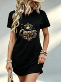 Printed Design Not Textured, Casual Style, Women Dress, Queen Crown Graphic, Daily Wear, Gift for Her, 100 Percent Polyester - Black