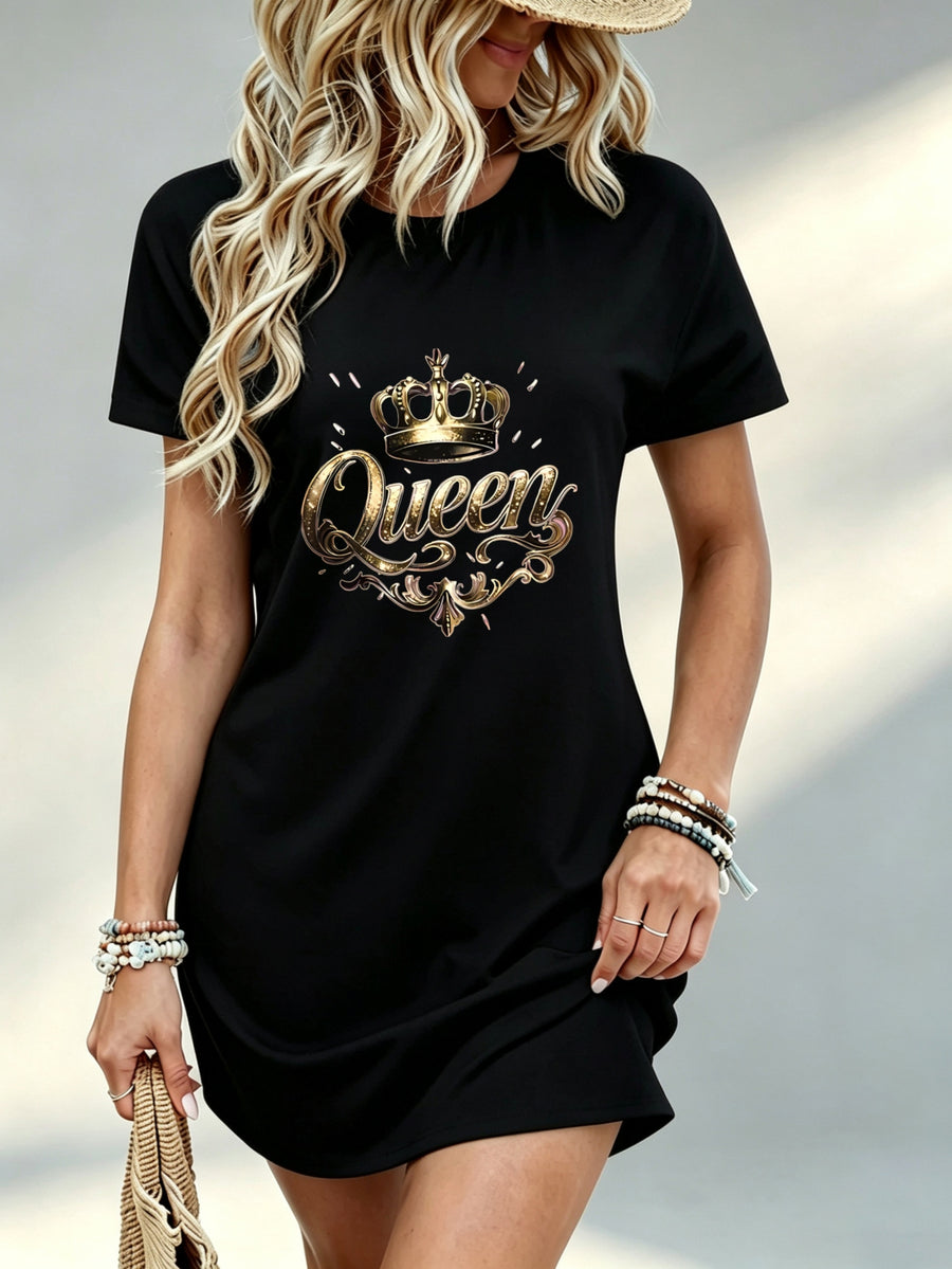 Printed Design Not Textured, Casual Style, Women Dress, Queen Crown Graphic, Daily Wear, Gift for Her, 100 Percent Polyester - Black
