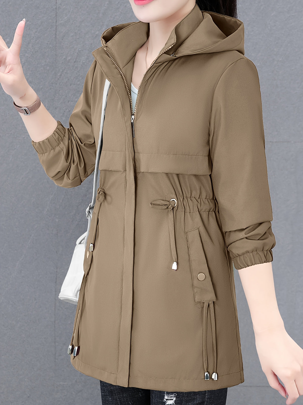 Women'S Fall Winter Fleece-Lined Thick Trench Coat, Warm Top Outerwear for Autumn Winter Season, Drawstring Waist Design, Elastic Windproof Cuffs, Easy Comfortable Lightweight Coat - Khaki
