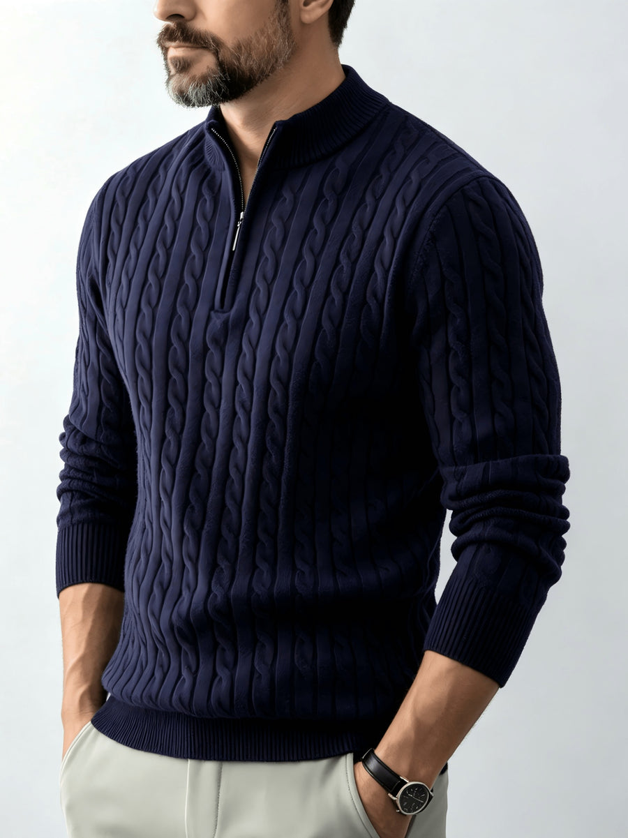 Men's Relaxed-fit Spring and Autumn Style with a Chic Half-zipper Design for a Casual, Laid-back Look. The Exquisite Cable-knit Texture Adds a Vintage Touch, While the Solid Color Offers a Calm and Sophisticated Vibe, Perfect for Creating a Casual - Navy Color