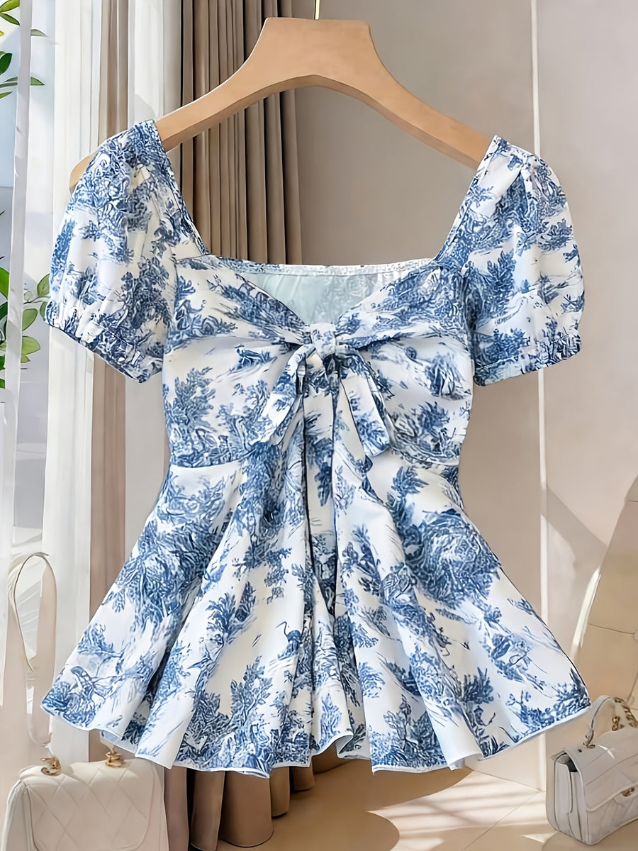 Women'S Elegant Summer Printed Square Neck Bow Puff Sleeve A-Line Waist-Cinching Fashionable Sweet Top, Random Print - Mixed colors