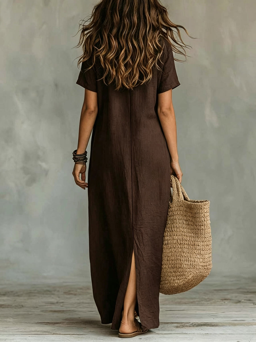 Women'S Casual Solid Color V-Neck Slit Lazy Style Shirt Dress Button Front Opening Bohemian Shirt Style Loose Long Dress - Coffee Color