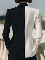 Women's Elegant Black and White Color-Block Blazer, Fashionable Casual Cardigan with Long Sleeves - Black And White Color Scheme