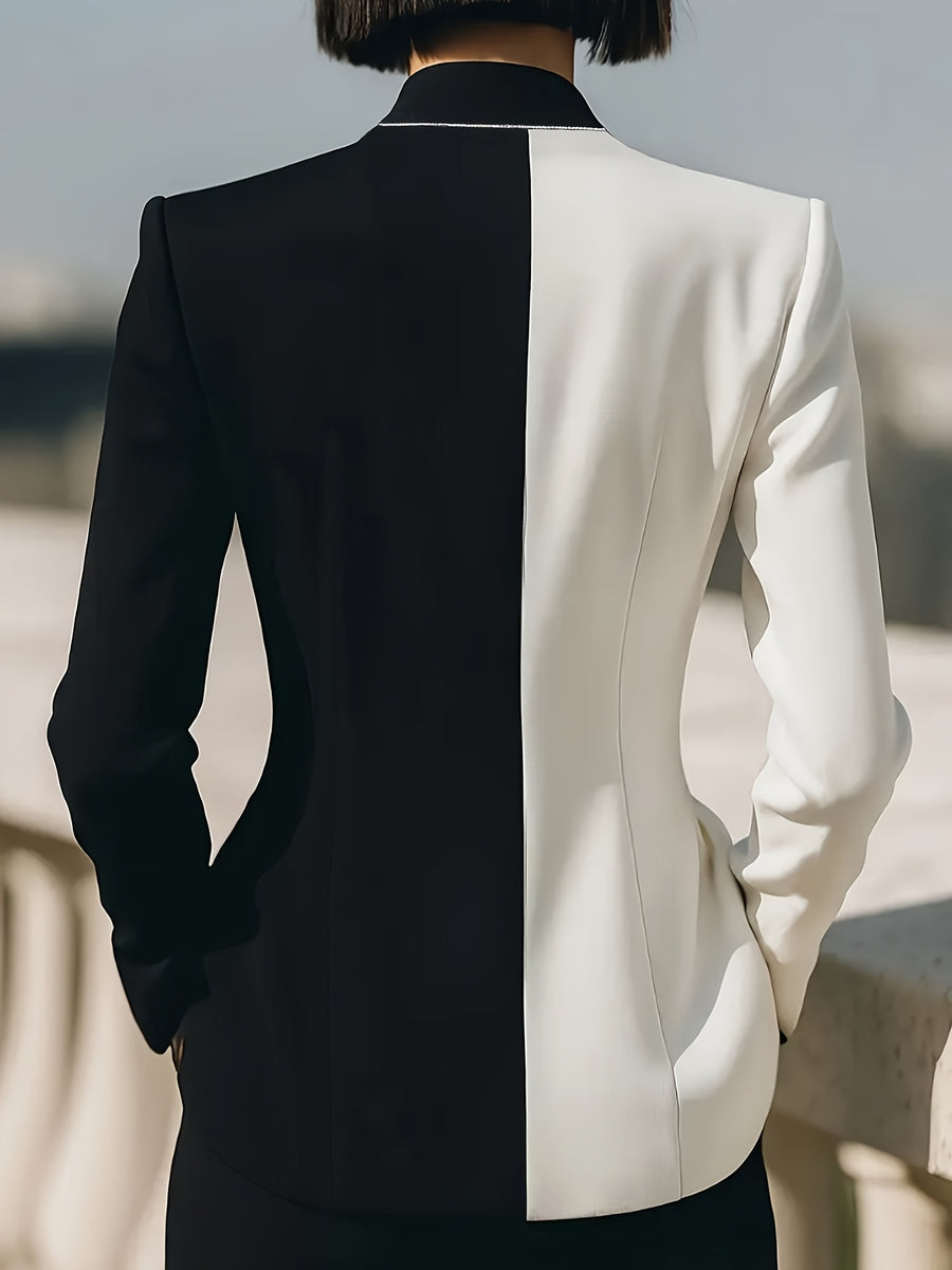 Women's Elegant Black and White Color-Block Blazer, Fashionable Casual Cardigan with Long Sleeves - Black And White Color Scheme