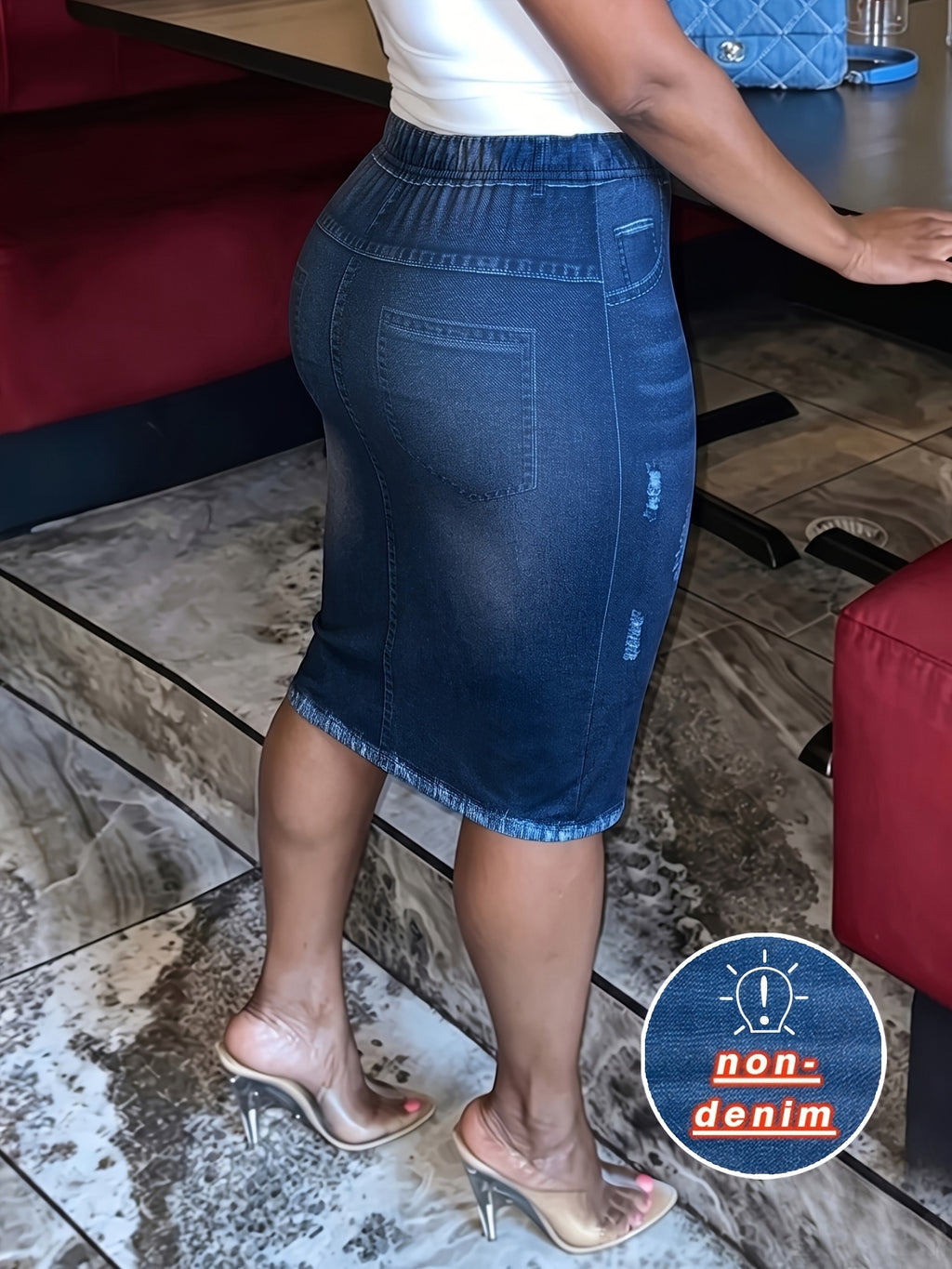 [Printed Pants - Not Denim Fabric] Printed Legging: Not Jeans Women's Skirt, a Fashionable, Elegant, and Casual High-waisted Women's Skirt with Imitation Denim Print Elements. The Fabric Is Lightweight, Slightly Stretchy, and Features a High-waisted - Blue