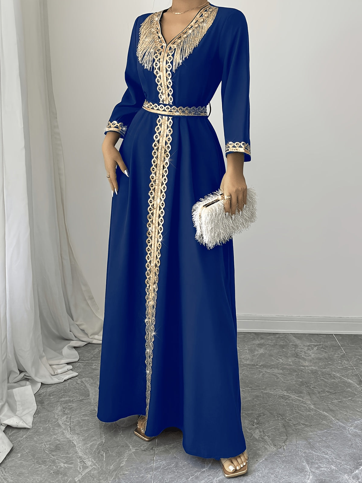 2026 New Abaya Robe Style Kimono Sleeve Long Dress V-Neck Caftan Robe Wrap Style Front Panel High Waist Empire Line Floor Length Dress Golden Lace Trim Sequined Embroidery Golden Bead Trim Golden Contrast Ruffle Tie Waist Skirt Muslim Fashion Arabic - Royal Blue