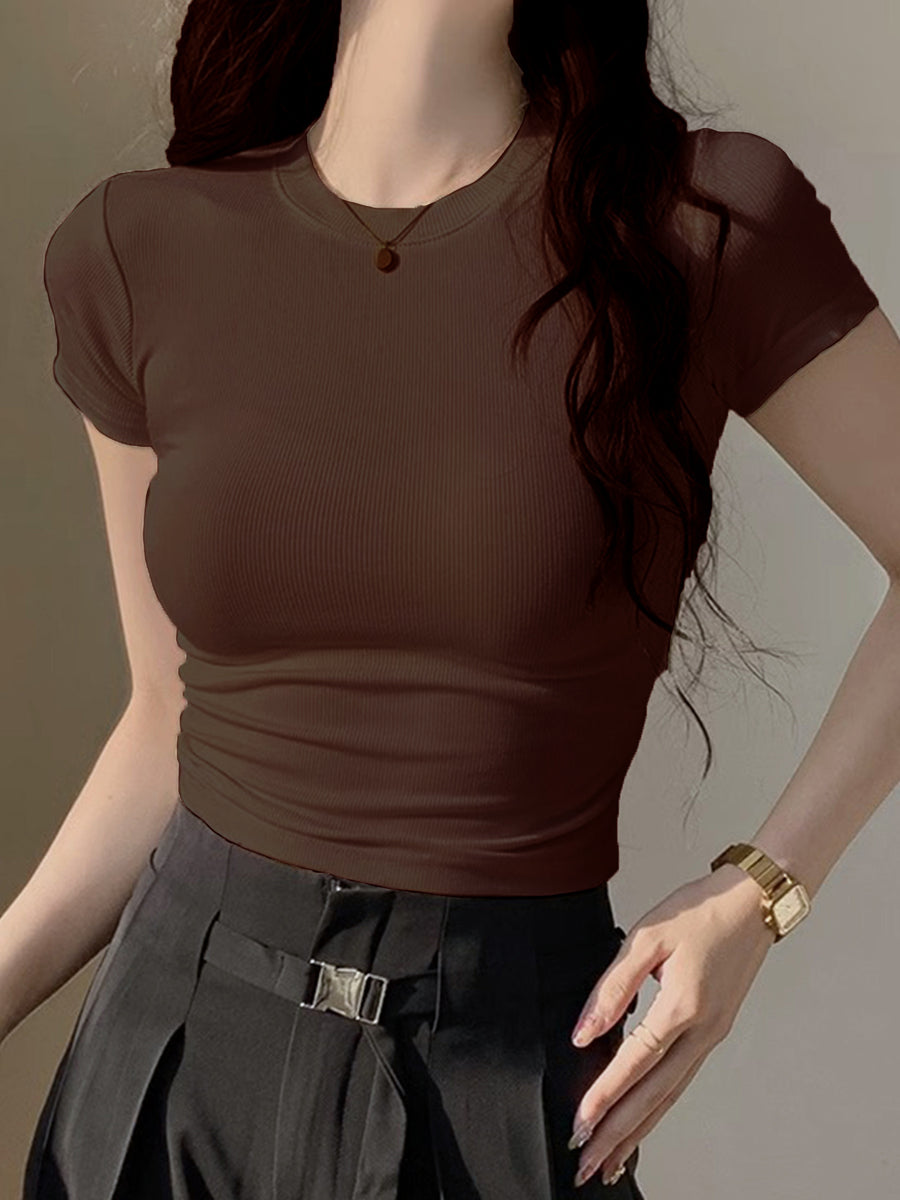 Short-Sleeved T-Shirt for Women in Summer, Easy And Slim-Fitting Hot Tight Short Top - Coffee Brown