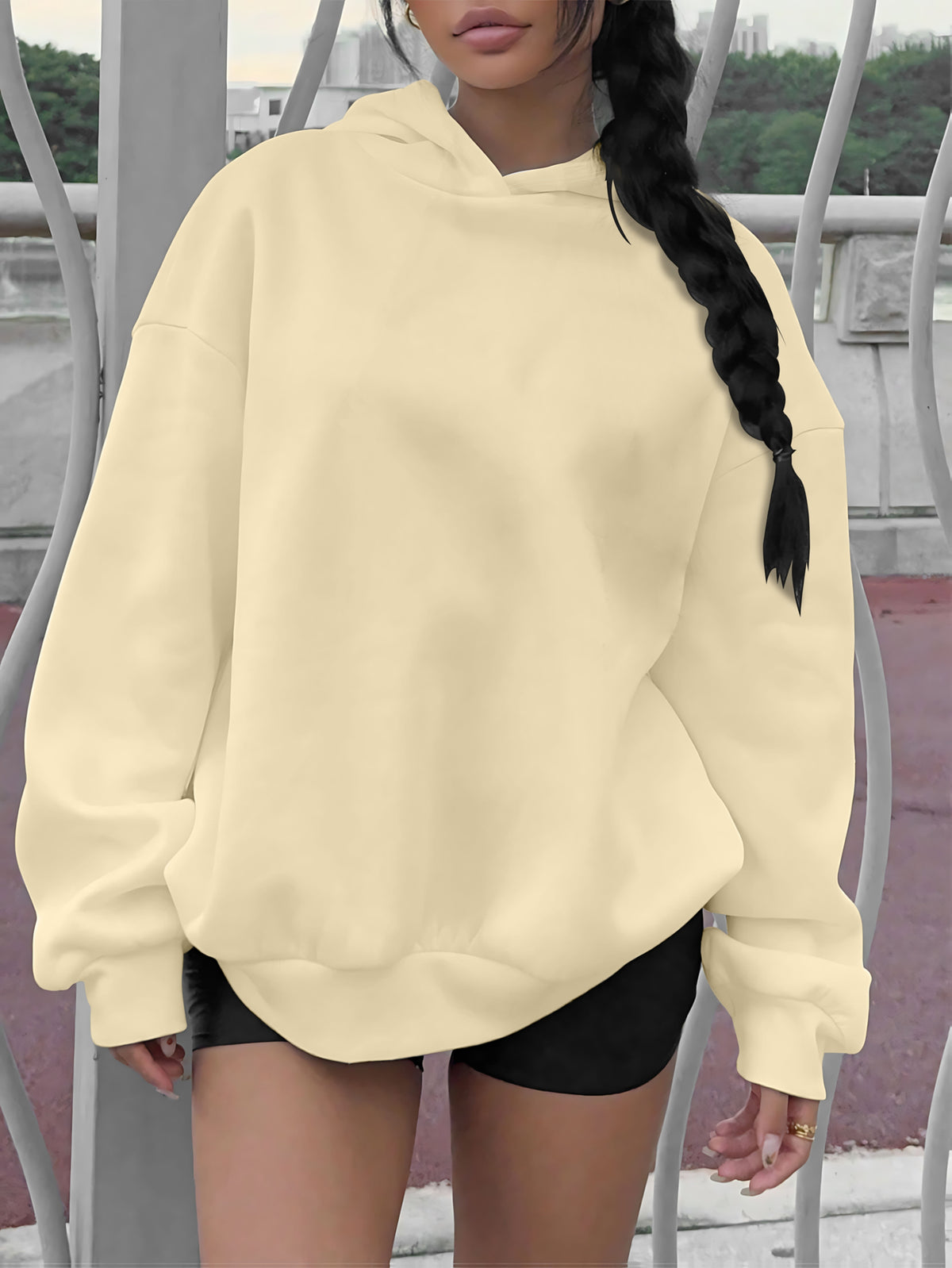 Women's Loose Fit Bla Bla Bla Stick Figure Print Hooded Sweatshirt, Fun Cartoon Back + Brim Print Pullover, Drop Shoulder Long Sleeve Hoodie, American Trendy Casual Street Style, Soft and Comfortable Fabric, Girly and Cute Outfit, Suitable for Daily - Apricot