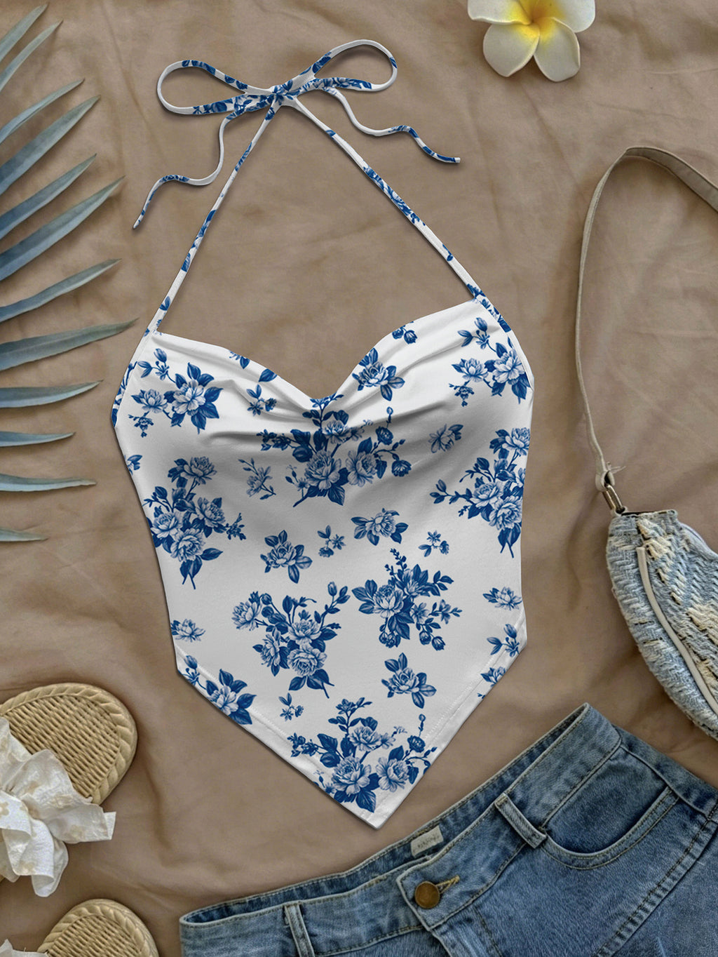 Women Summer New Arrival Hot Boho Casual Beach Vacation Daily Wear Allover Floral Print Sweetheart Neck Halter Tie Crop Top - Royal Blue