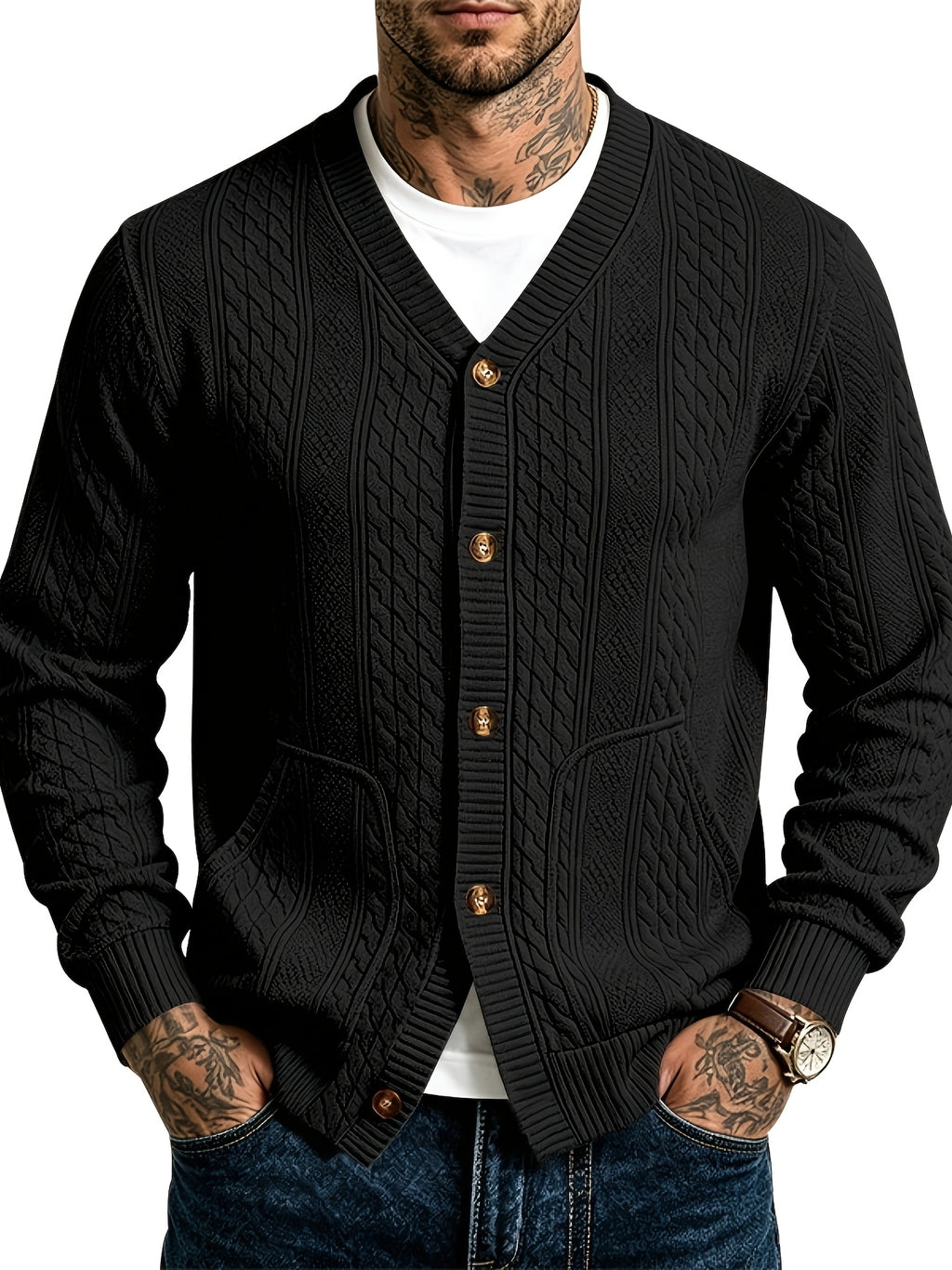 Men'S Casual V-Neck Cardigan Jacket, Retro 3D Jacquard Texture, Button-Front with Double Pockets, Knit Fabric Long Sleeve Top for Commute, Shopping, And Social Gatherings, Light Casual Business Style, Spring/Autumn Relaxed Fit - Navy Color