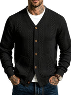 Men'S Casual V-Neck Cardigan Jacket, Retro 3D Jacquard Texture, Button-Front with Double Pockets, Knit Fabric Long Sleeve Top for Commute, Shopping, And Social Gatherings, Light Casual Business Style, Spring/Autumn Relaxed Fit - Navy Color