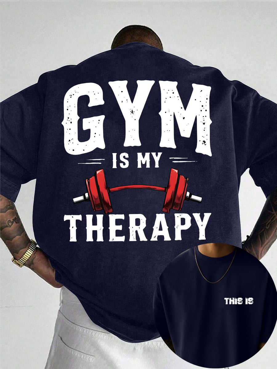 Men's 100% Pure Cotton Comfortable and Breathable T-Shirt, Gym Barbell Print, for All-Season Casual Sports and Fitness - Navy blue color