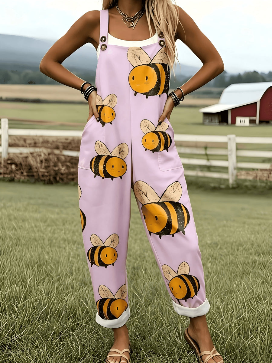 Green Jumpsuit with Cartoon Bee Pattern - 0578 - Pink Color