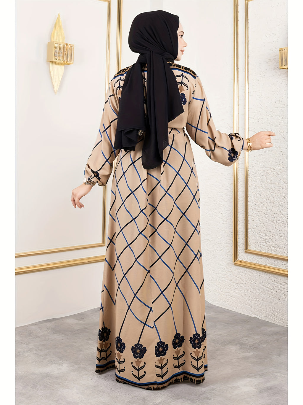 New Middle Eastern Muslim Elegant Temperament Floral Print Round Neck Tie-Up Abaya, Headscarf Not Included - Apricot