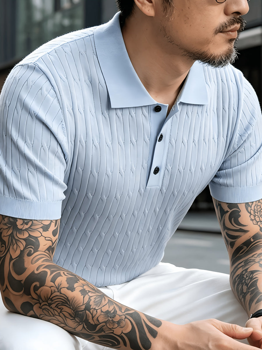 American-style Mature Middle-aged Men's Vertical Rib-knit Polo Shirt, Summer Lightweight Solid Color Lapel Short Sleeve, Urban Outdoor Street Style Loose-fit Textured Business Casual Top - Tianqinglan