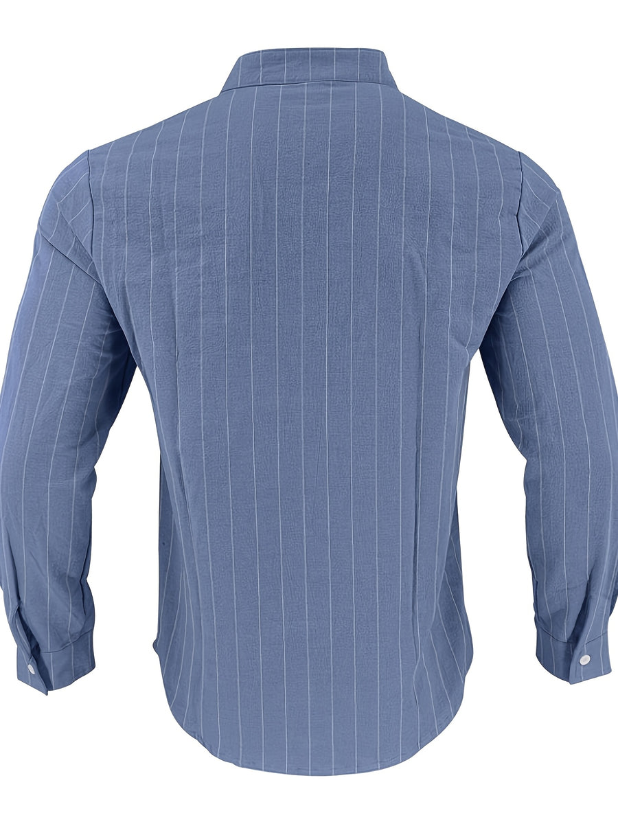 American Spring and Summer Linen Jacquard Striped Loose Casual Stand Collar Long Sleeved Pocket Men's Commuting Trend Shirt - Navy Color