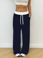 Women's Sport Studio Casual Loose-Fit Color-Block Drawstring Wide-Leg Yoga Pants - Navy Color