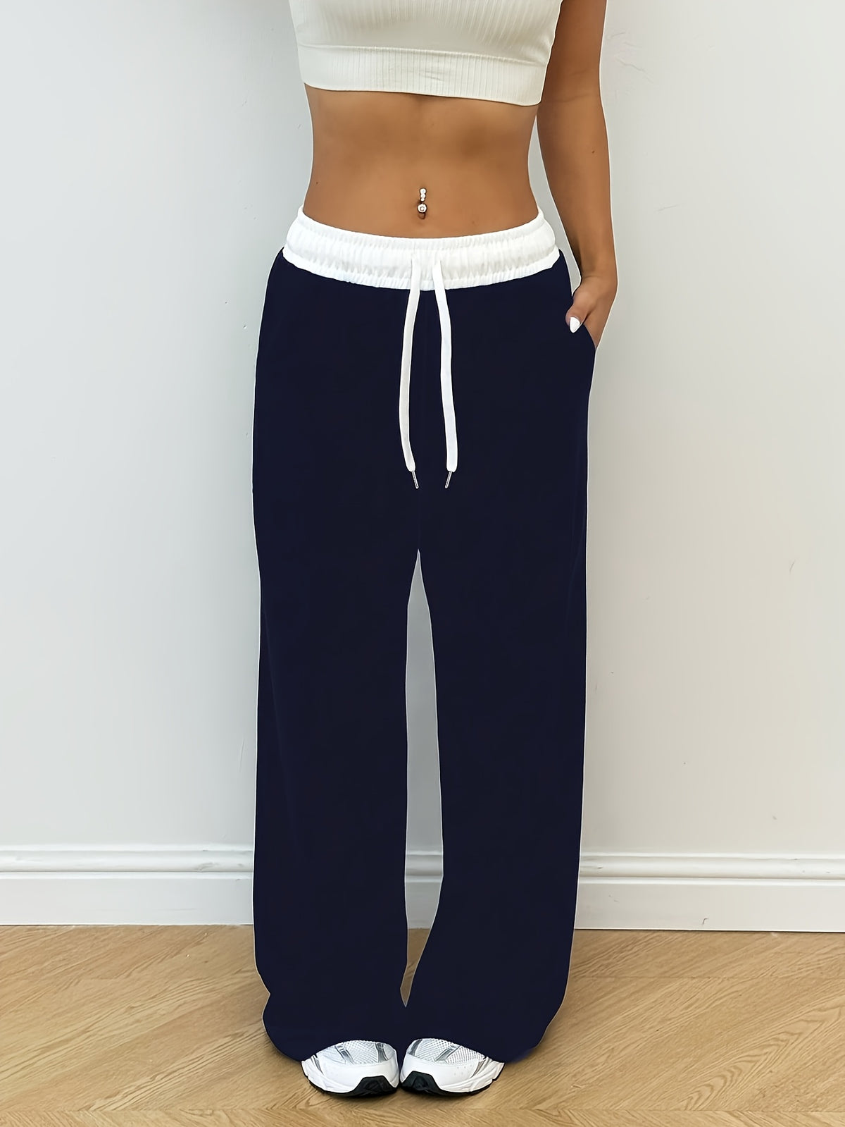 Women's Sport Studio Casual Loose-Fit Color-Block Drawstring Wide-Leg Yoga Pants - Navy Color