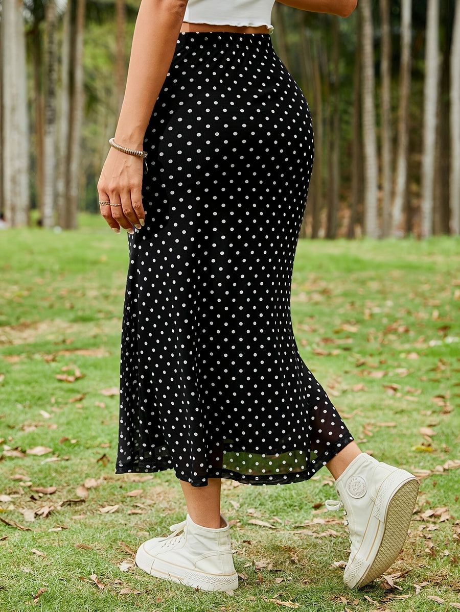 Black Polka Dot See-Through Mesh High-Low Midi Skirt - Black