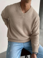 Men's New Autumn/Winter Trendy Versatile Warm Knit Sweater, Relaxed Casual Old Money Style 2-in-1 Look, Solid Color V-Neck Loose Knit Long-Sleeve Top for Work, School, Gatherings, Parties, Commuting, and Vacation Wear - Khaki