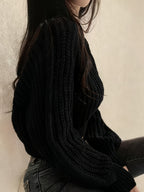Sweater Women'S Round Neck Design Cable Texture Loose Long Sleeve Textured Three-Dimensional Interpretation Easy Cool Wear Atmosphere All-Match Top Pullover - Black