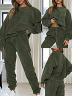 Women's Fashion Solid Color Round Neck Long Sleeve Top and Drawstring Pants Casual Two-Piece Set - Dark Green
