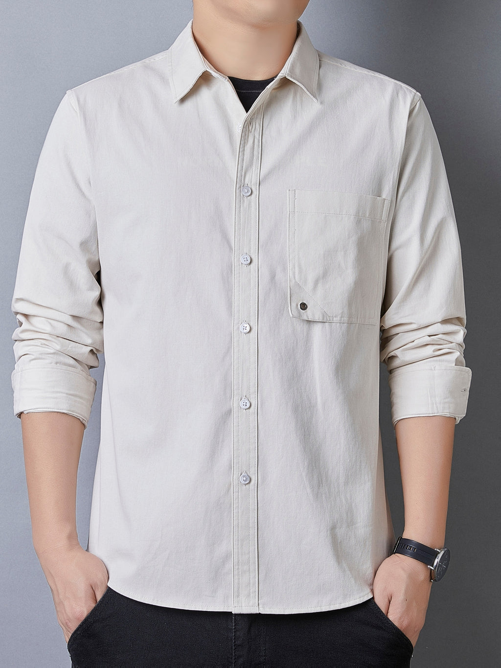Men's Casual Pure Cotton Long-Sleeve Shirt for Spring and Autumn, Solid Color Simple Lapel Single-Pocket Shirt for Daily Commuting, Work, and Dating, Men's Top - Apricot