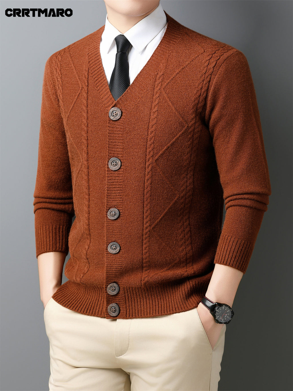 Men'S Wool Blend, Thick Knit Cardigan, Warm Casual Layering Top for Fall And Winter - Red Coffee