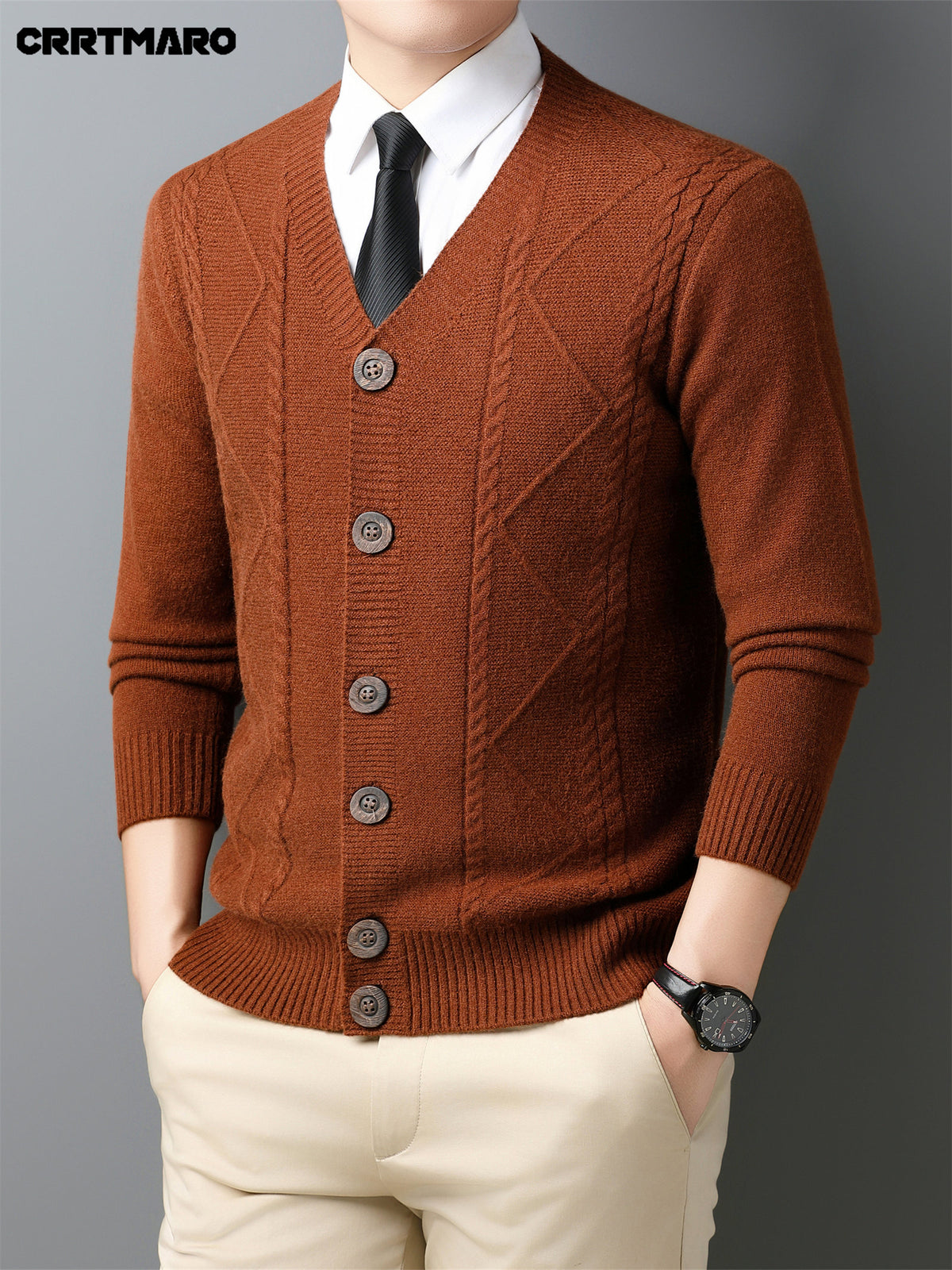Men'S Wool Blend, Thick Knit Cardigan, Warm Casual Layering Top for Fall And Winter - Red Coffee