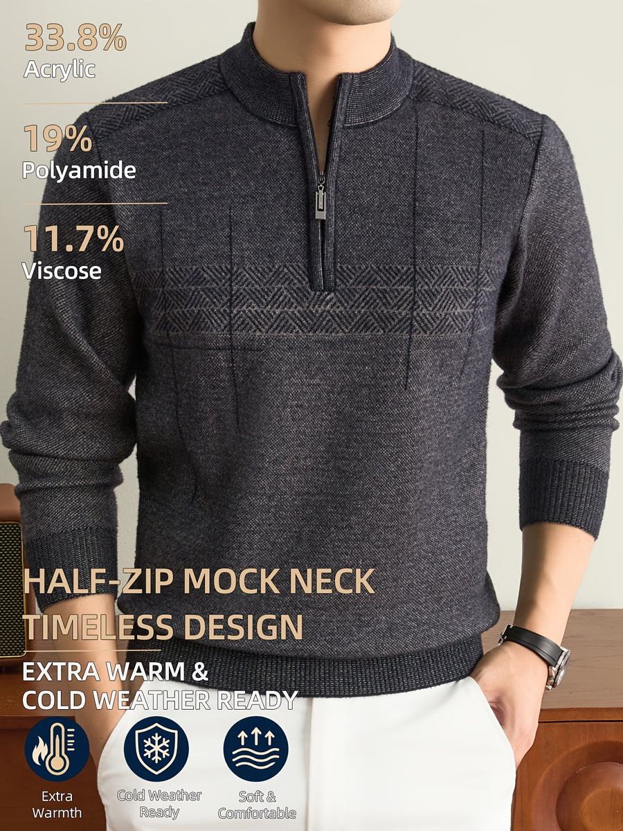 Men'S Half-Zip Knit Sweater, Classic Stand Collar And Textured Pattern, Thickened Warm Pullover in a Refined Timeless Style for Casual, Work, Hiking, Camping, Fishing, And Outdoor Wear - Medium Gray