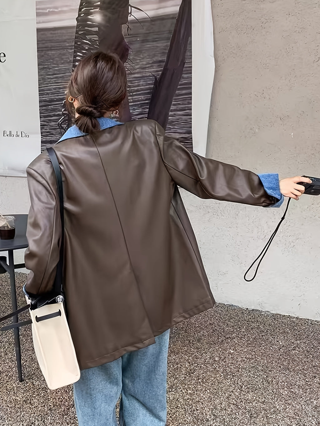 Women'S Fashion Denim Patchwork PU Blazer, Casual Long Sleeve Jacket with Single Button Closure, Perfect for Spring/Fall Wear 15A9884-1 - Dark Brown