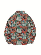 Men'S American Retro All-Over Floral Woven Teddy Bear Shirt Jacket, Men'S Autumn Premium Trendy Brand Bad Boy Influencer Casual Shirt - Red Tiger Head